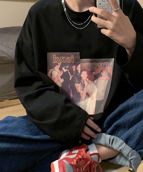 BASQUE magenta（バスクマゼンタ）の「アメリカンヴィンテージライクプリント オーバーサイズロンT（Tシャツ/カットソー・メンズ・ホワイト/オレンジ/ブルー/ブラック・FREE）」の12枚目の写真