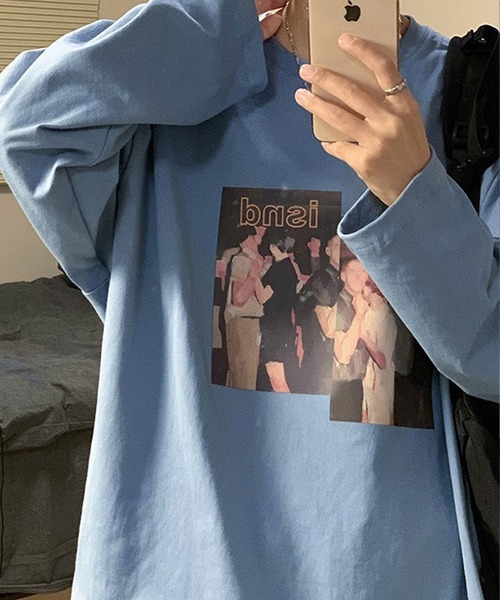 BASQUE magenta（バスクマゼンタ）の「アメリカンヴィンテージライクプリント オーバーサイズロンT（Tシャツ/カットソー・メンズ・ホワイト/オレンジ/ブルー/ブラック・FREE）」の18枚目の写真