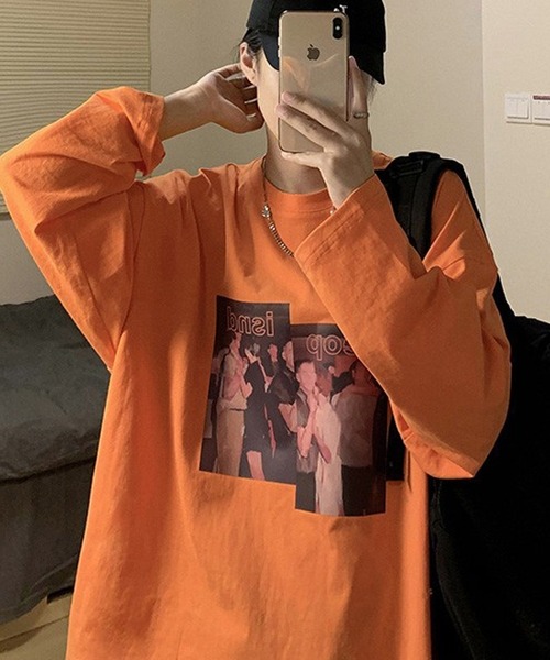 BASQUE magenta（バスクマゼンタ）の「アメリカンヴィンテージライクプリント オーバーサイズロンT（Tシャツ/カットソー・メンズ・ホワイト/オレンジ/ブルー/ブラック・FREE）」の22枚目の写真