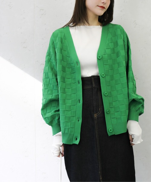 Per sist ence（パーシエンス）の「Per sist ence/パーシエンス　ポリ12G総針 ブロックチェックVネックカーデ（カーディガン/ボレロ・レディース・ネイビー/ブラック/アイボリー/グリーン・FREE）」の3枚目の写真