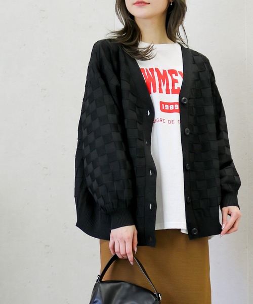 Per sist ence（パーシエンス）の「Per sist ence/パーシエンス　ポリ12G総針 ブロックチェックVネックカーデ（カーディガン/ボレロ・レディース・ネイビー/ブラック/アイボリー/グリーン・FREE）」の2枚目の写真