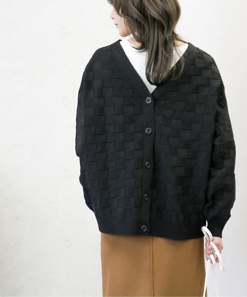 Per sist ence（パーシエンス）の「Per sist ence/パーシエンス　ポリ12G総針 ブロックチェックVネックカーデ（カーディガン/ボレロ・レディース・ネイビー/ブラック/アイボリー/グリーン・FREE）」の5枚目の写真