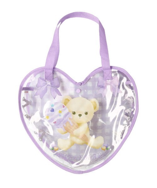 Kids Foret(キッズフォーレ)の「くまプリントハート型プールバッグ(トートバッグ・キッズ・ラベンダー/サックスブルー・FREE)」の1枚目の写真