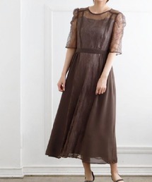 シフォン切替ネックリボンレースドレス