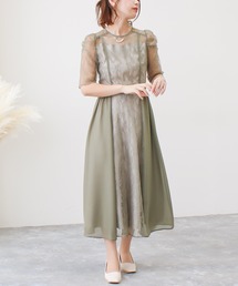 シフォン切替ネックリボンレースドレス