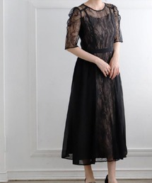 シフォン切替ネックリボンレースドレス
