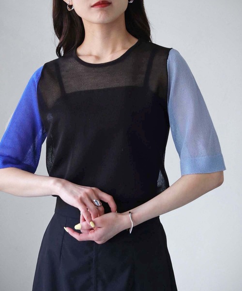 cheriella(シェリエラ)の「【cheriella】WEB限定3配色半袖ニットシアートップス(ニット/セーター・レディース・チャコールグレー/ブラック/ダークグリーン・M)」の4枚目の写真