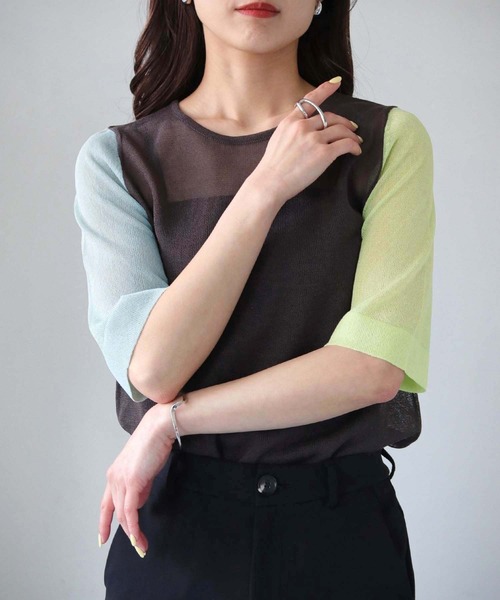 cheriella(シェリエラ)の「【cheriella】WEB限定3配色半袖ニットシアートップス(ニット/セーター・レディース・チャコールグレー/ブラック/ダークグリーン・M)」の11枚目の写真