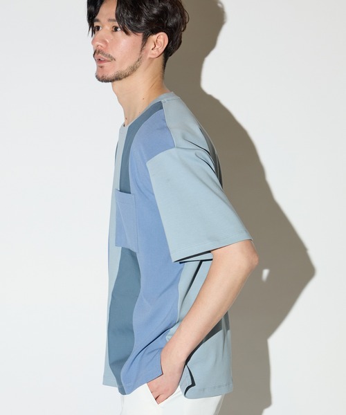 UNION STATION（ユニオンステーション）の「ストレッチスムース異素材切替Tシャツ（Tシャツ/カットソー・メンズ・ライトブルー/ホワイト/ベージュ・L/M/LL）」の11枚目の写真