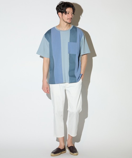 UNION STATION（ユニオンステーション）の「ストレッチスムース異素材切替Tシャツ（Tシャツ/カットソー・メンズ・ライトブルー/ホワイト/ベージュ・L/M/LL）」の17枚目の写真