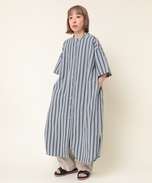 RNA-N | D1623 ハーフスリーブヘリンボンストライプシャツワンピース(シャツワンピース)