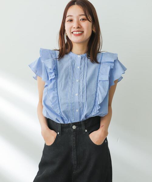 セール】ドビーストライプフリルフレンチブブラウス（Tシャツ