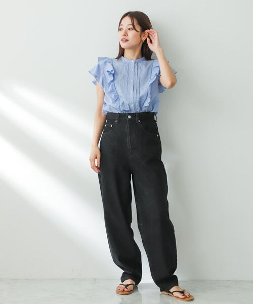 SENSE OF PLACE by URBAN RESEARCH（センスオブプレイスバイアーバンリサーチ）の「ドビーストライプフリルフレンチブブラウス（Tシャツ/カットソー・レディース・オフホワイト/ベージュ系その他/ブルー系その他・ONE）」の10枚目の写真