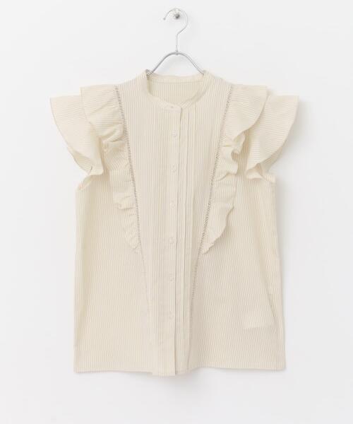 セール】ドビーストライプフリルフレンチブブラウス（Tシャツ