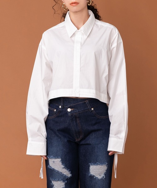 ネクタイ付き デザイン シャツ 2色 長袖 モード ルーズ nr8695 入画シリーズ】☆ネクタイ付きシャツ☆ 2color トップス 長袖