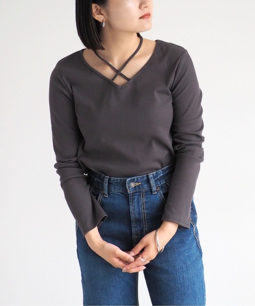 cepo(セポ)の「ホルターネックリブロンTee(Tシャツ/カットソー・レディース・オフホワイト/チャコール・M)」の2枚目の写真