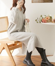 【販売終了】裏起毛Vネックロングワンピース