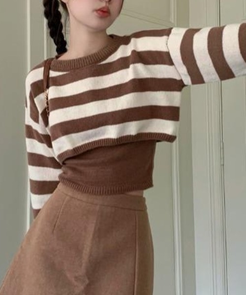 セール】2点セット ショート丈ボーダーニットトップス+ニットキャミ