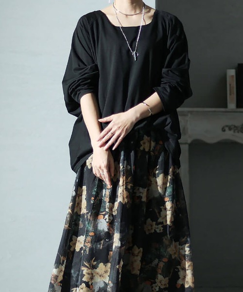 GOLDJAPAN(ゴールドジャパン)の「オーガンジーレトロ花柄プリントスクエアーネックドッキングワンピース【大きいサイズ対応】(ワンピース・レディース・グリーン/ブラック・4L~5L/LL~3L)」の1枚目の写真