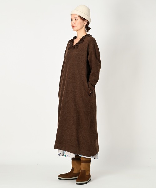 美品 45R フロート縮絨のドレス カシュクールドレス ウール ベージュ