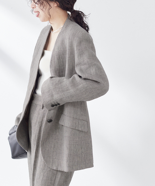 journal standard L'essage(ジャーナルスタンダードレサージュ)の「リネンオックス/チェックジャケット(テーラードジャケット・レディース・グレー/ベージュ・FREE)」の6枚目の写真