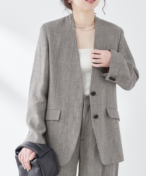 journal standard L'essage(ジャーナルスタンダードレサージュ)の「リネンオックス/チェックジャケット(テーラードジャケット・レディース・グレー/ベージュ・FREE)」の3枚目の写真