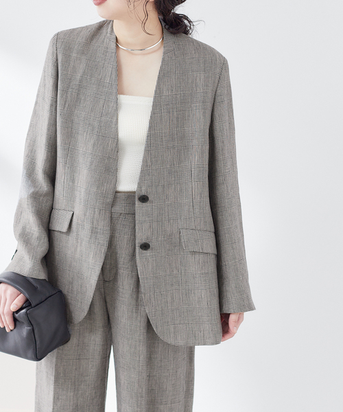 journal standard L'essage(ジャーナルスタンダードレサージュ)の「リネンオックス/チェックジャケット(テーラードジャケット・レディース・グレー/ベージュ・FREE)」の4枚目の写真