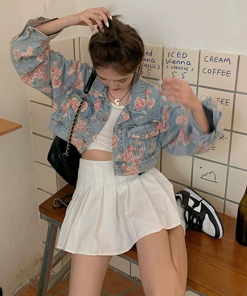 フラワープリント ショートスリーブ デニムジャケット