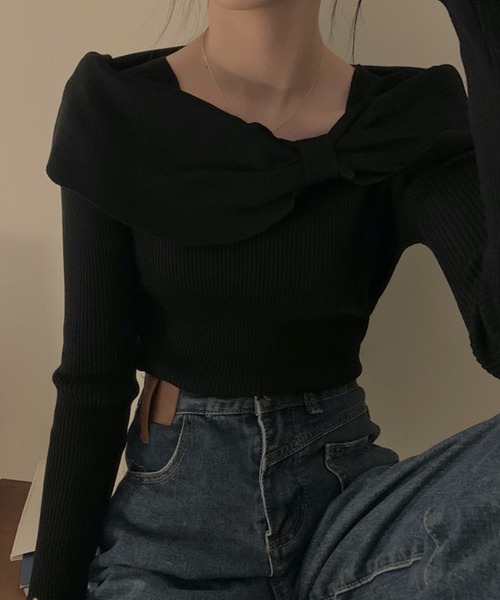 Nia（ニア）の「Nia(ニア)/デコルテリボン　リブニットトップス（ニット/セーター・レディース・レッド/アイボリー/ブラック・FREE）」の11枚目の写真