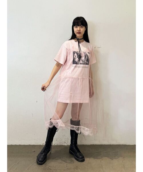 セール】ハーフスリーブチュールレイヤードワンピース