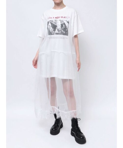 レイヤード ワンピース フレア メッシュ ハーフスリーブ セール】ハーフスリーブチュールレイヤードワンピース