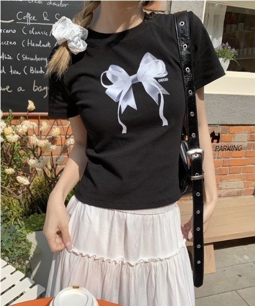 almo(アルモ)の「【LAMPOON】リボンプリントTシャツ(Tシャツ/カットソー・レディース・グレー/ホワイト/ブラック・FREE)」の3枚目の写真