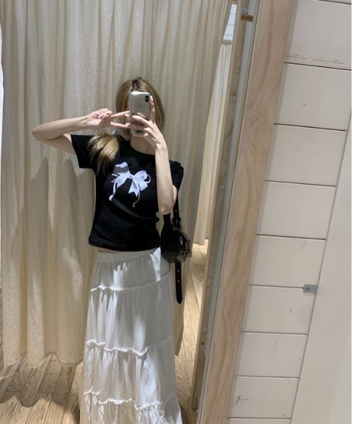 almo(アルモ)の「【LAMPOON】リボンプリントTシャツ(Tシャツ/カットソー・レディース・グレー/ホワイト/ブラック・FREE)」の9枚目の写真