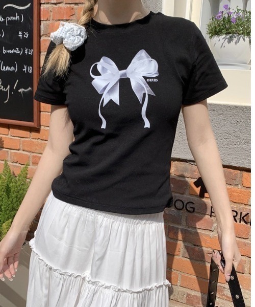 almo(アルモ)の「【LAMPOON】リボンプリントTシャツ(Tシャツ/カットソー・レディース・グレー/ホワイト/ブラック・FREE)」の11枚目の写真