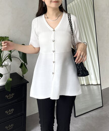 ハートボタン半袖Vネックペプラムカーディガン