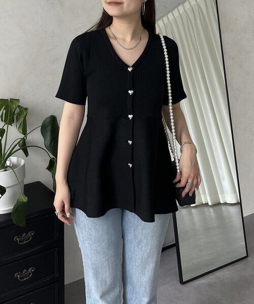 prose verse（プロズヴェール）の「ハートボタン半袖Vネックペプラムカーディガン（カーディガン/ボレロ・レディース・オフホワイト/ブラック・LARGE/MEDIUM）」の21枚目の写真