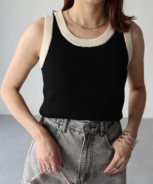 Riberry（リベリー）の「配色ニットタンクトップ（タンクトップ・レディース・サックスブルー/ブラック/ミント/アイボリー・FREE）」の2枚目の写真