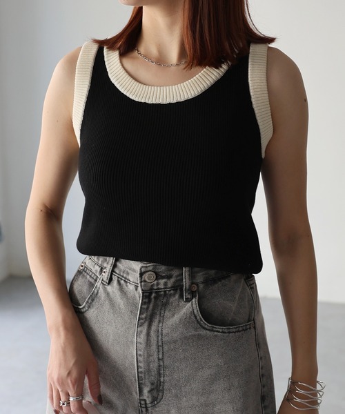 Riberry（リベリー）の「配色ニットタンクトップ（タンクトップ・レディース・サックスブルー/ブラック/ミント/アイボリー・FREE）」の10枚目の写真