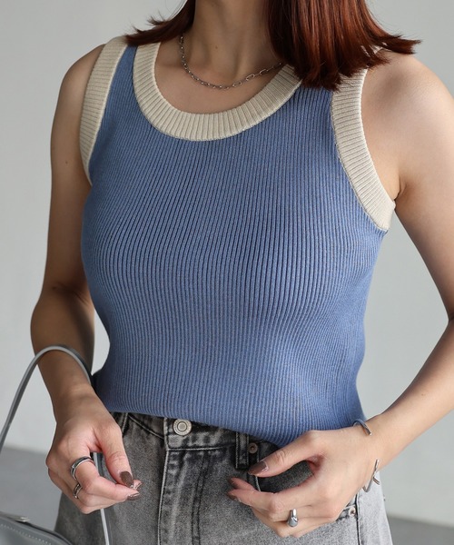 Riberry（リベリー）の「配色ニットタンクトップ（タンクトップ・レディース・サックスブルー/ブラック/ミント/アイボリー・FREE）」の7枚目の写真