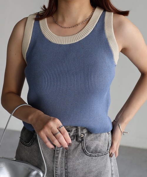Riberry（リベリー）の「配色ニットタンクトップ（タンクトップ・レディース・サックスブルー/ブラック/ミント/アイボリー・FREE）」の6枚目の写真