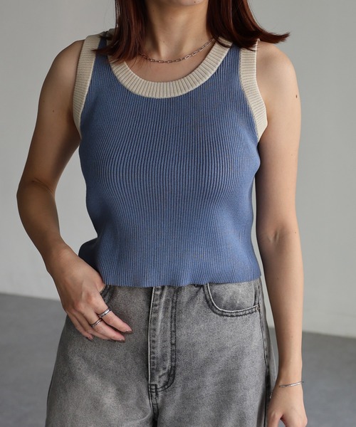 Riberry（リベリー）の「配色ニットタンクトップ（タンクトップ・レディース・サックスブルー/ブラック/ミント/アイボリー・FREE）」の5枚目の写真