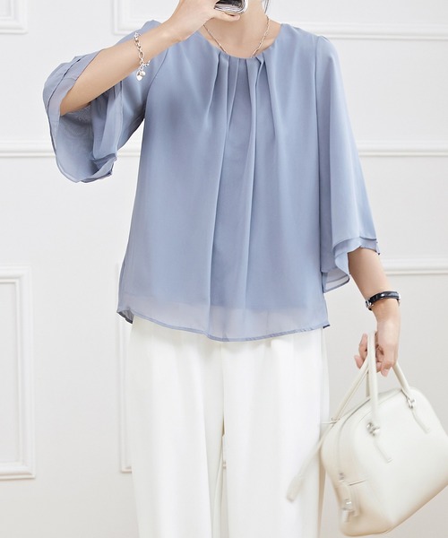 セール】フロントタック シアー 7分袖 フレア プルオーバー