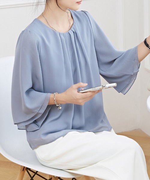 セール】フロントタック シアー 7分袖 フレア プルオーバー