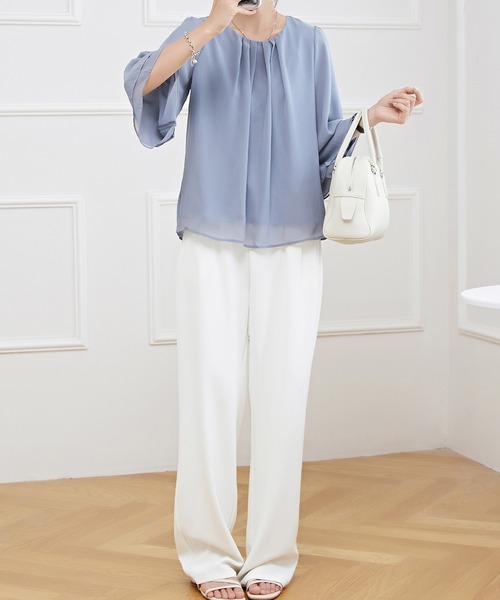 セール】フロントタック シアー 7分袖 フレア プルオーバー