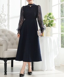 シモンヌ ロングドレス　レース　フリル　プリーツ　パニエ　紺　ワンピース 結婚式・お呼ばれ対応 | レース×チュールプリーツドレス