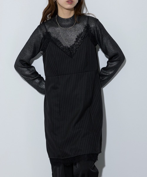 MAISON BREEZE（メゾンブリーズ）の「【MAISON BREEZE】ピンストライプ レースキャミワンピース 32063A332 XNN（ワンピース・レディース・ブラック/グレー/チャコールグレー・FREE）」の2枚目の写真