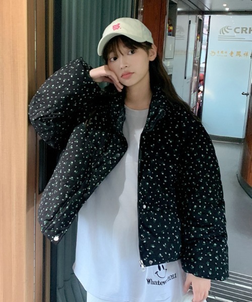 セール】花柄コンパクト丈コーデュロイダウンジャケット / 中綿ダウン