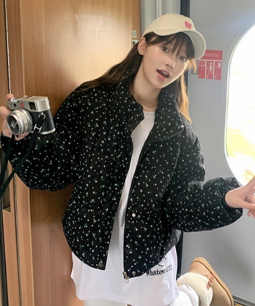 セール】花柄コンパクト丈コーデュロイダウンジャケット / 中綿ダウン