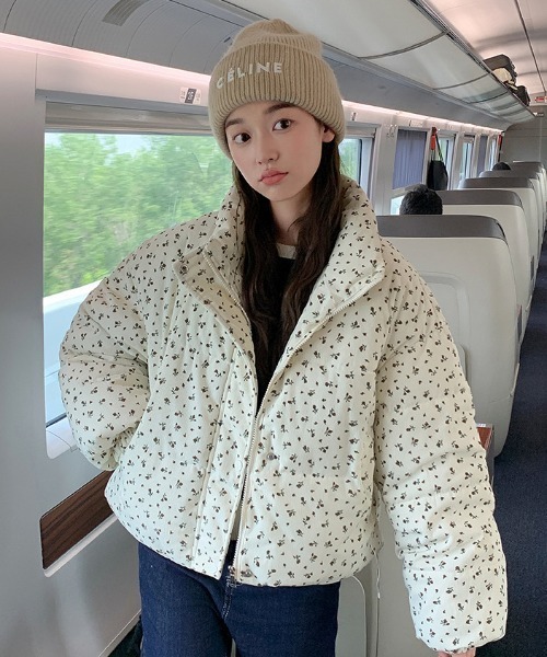 セール】花柄コンパクト丈コーデュロイダウンジャケット / 中綿ダウン