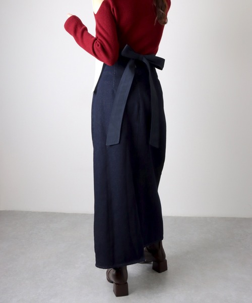 back ribbon slit tight denim skirt /バックリボン スリット